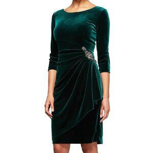 EUC Alex Evenings Jewel Neck Knee Length Velvet Cocktail Dress, Green, 4 Petite